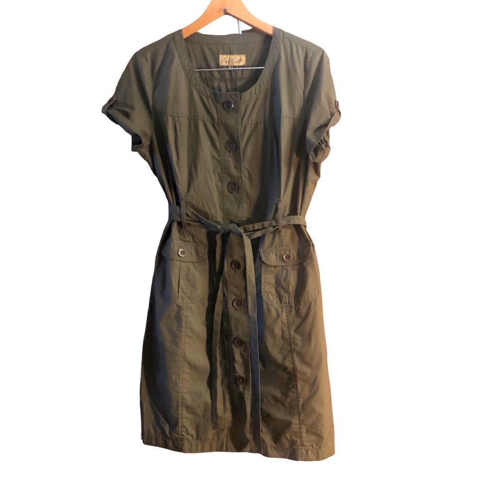 Vintage Peck & Peck Weekend Army Green Button Down Cap Sleeve Dress With Belt